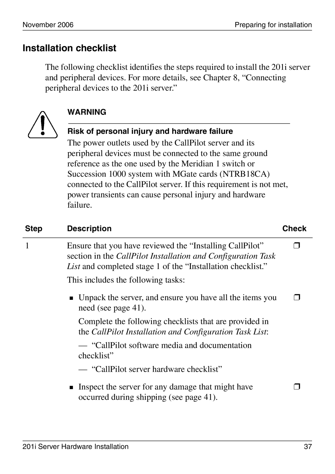 Nortel Networks 201i manual Installation checklist, CallPilot Installation and Configuration Task List 