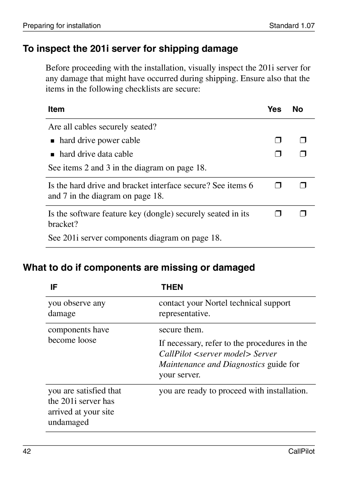 Nortel Networks manual To inspect the 201i server for shipping damage, What to do if components are missing or damaged 