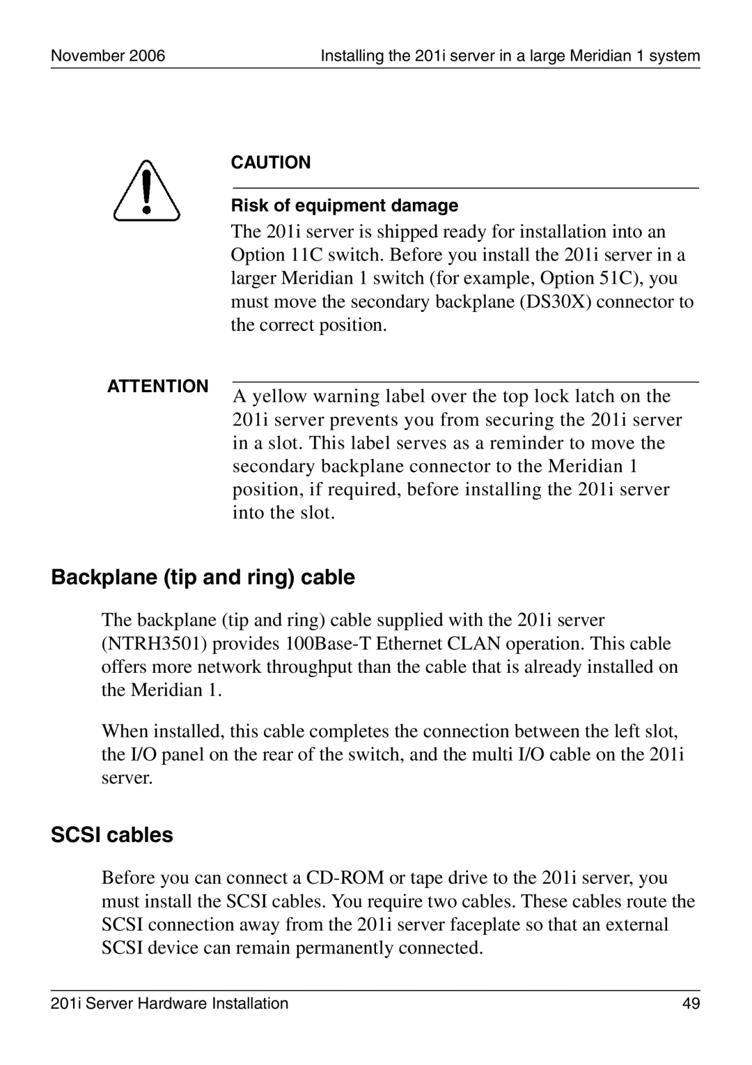 Nortel Networks 201i manual Backplane tip and ring cable, Scsi cables 