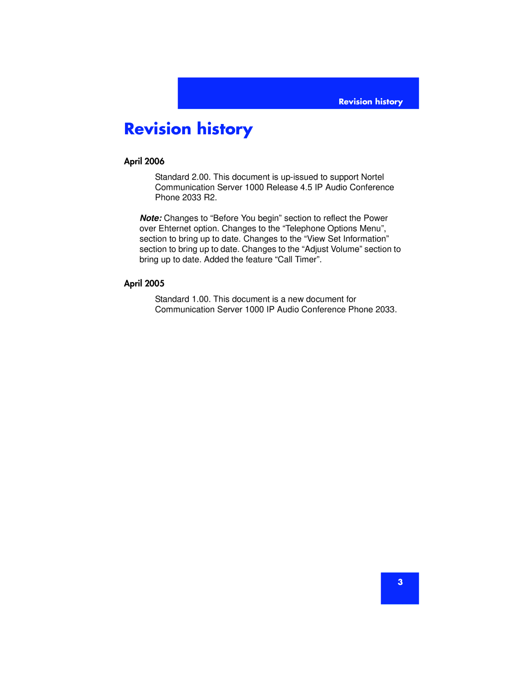 Nortel Networks 2033 manual Revision history 