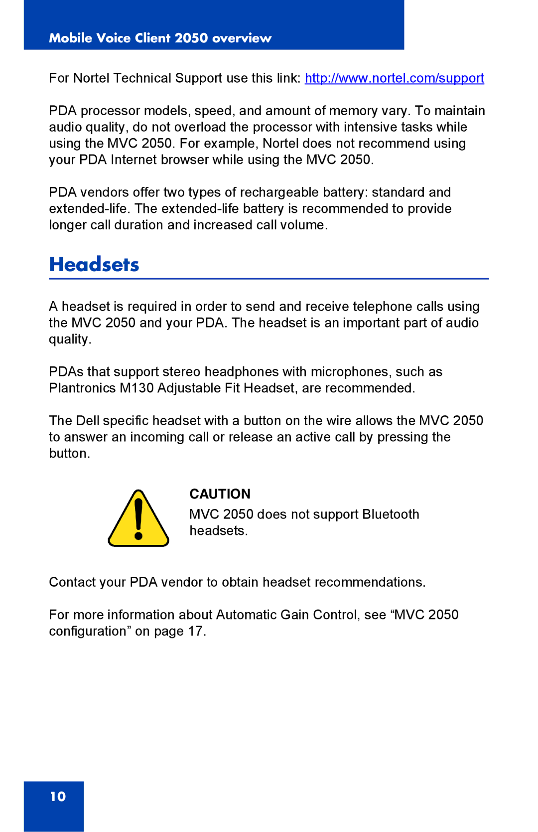 Nortel Networks 2050 manual Headsets 