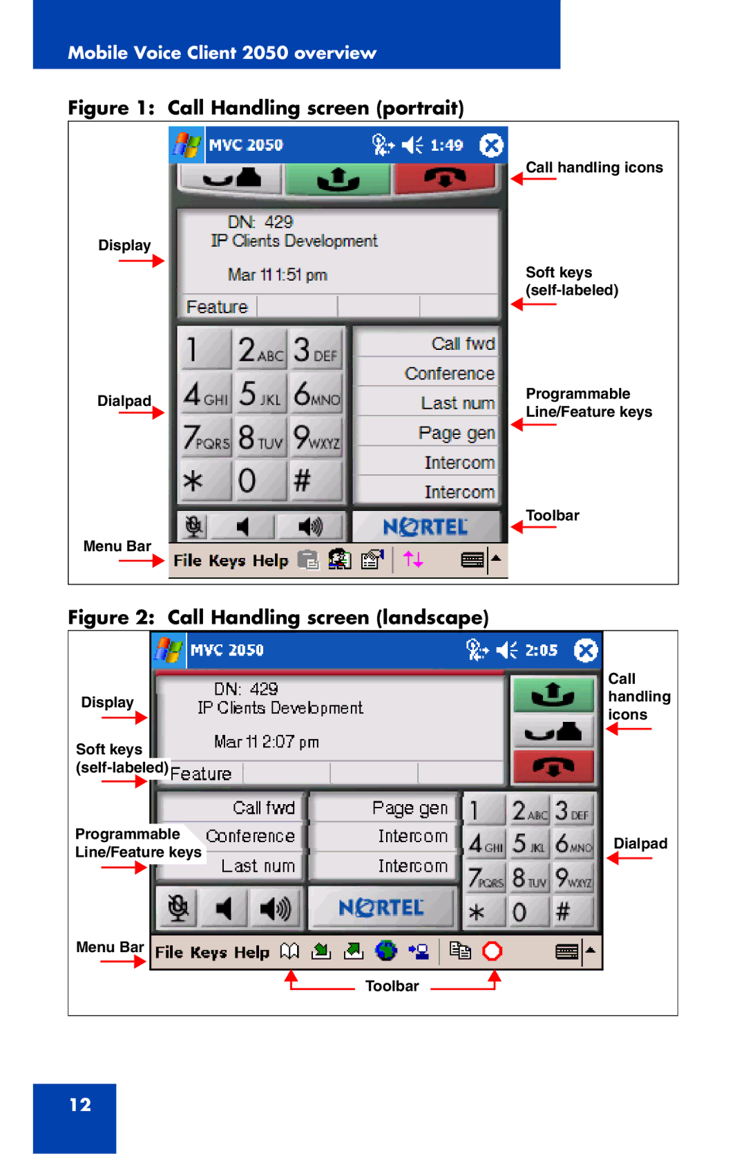 Nortel Networks 2050 manual Call Handling screen portrait 