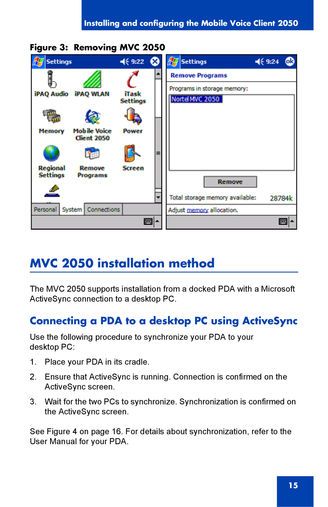 Nortel Networks manual MVC 2050 installation method, Connecting a PDA to a desktop PC using ActiveSync 