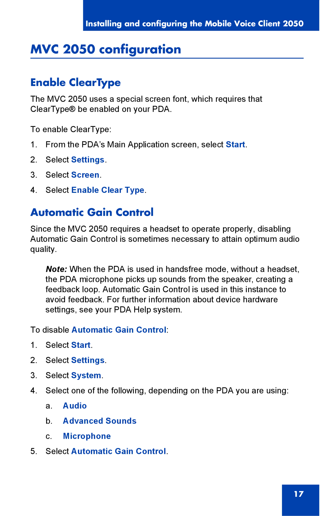 Nortel Networks manual MVC 2050 configuration, Enable ClearType, Automatic Gain Control 