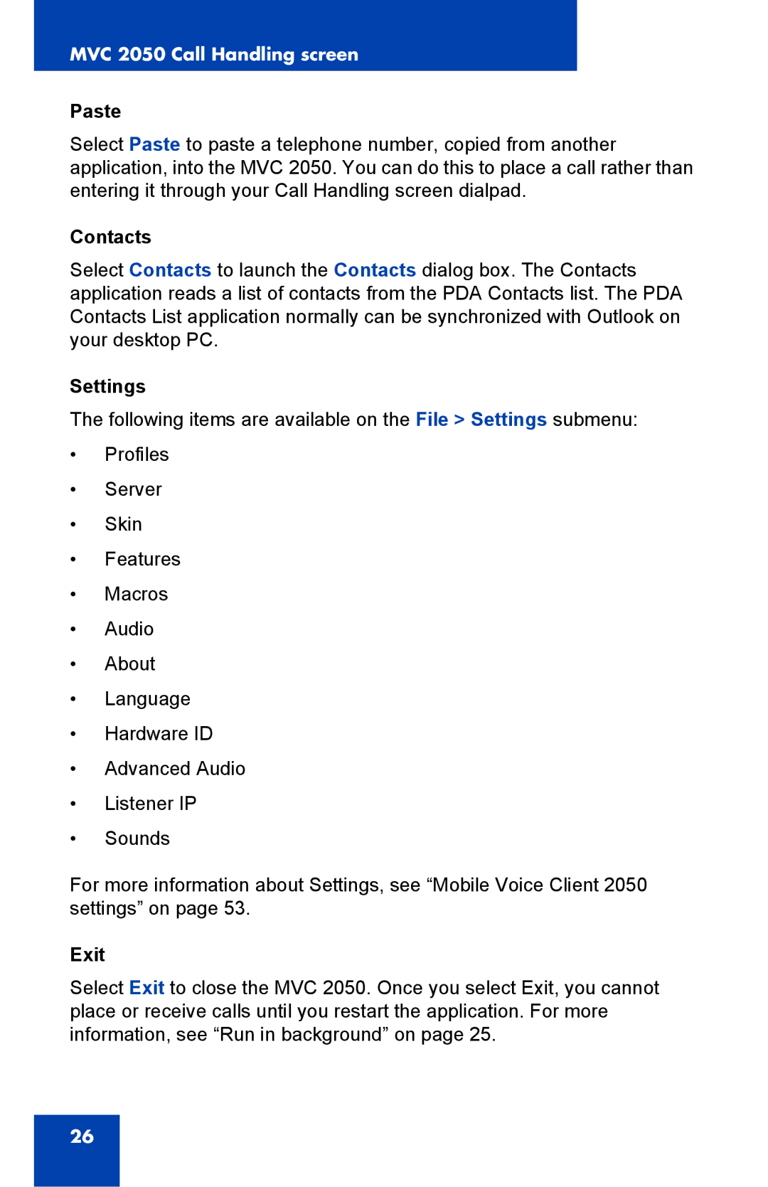 Nortel Networks 2050 manual Paste, Contacts, Settings, Exit 