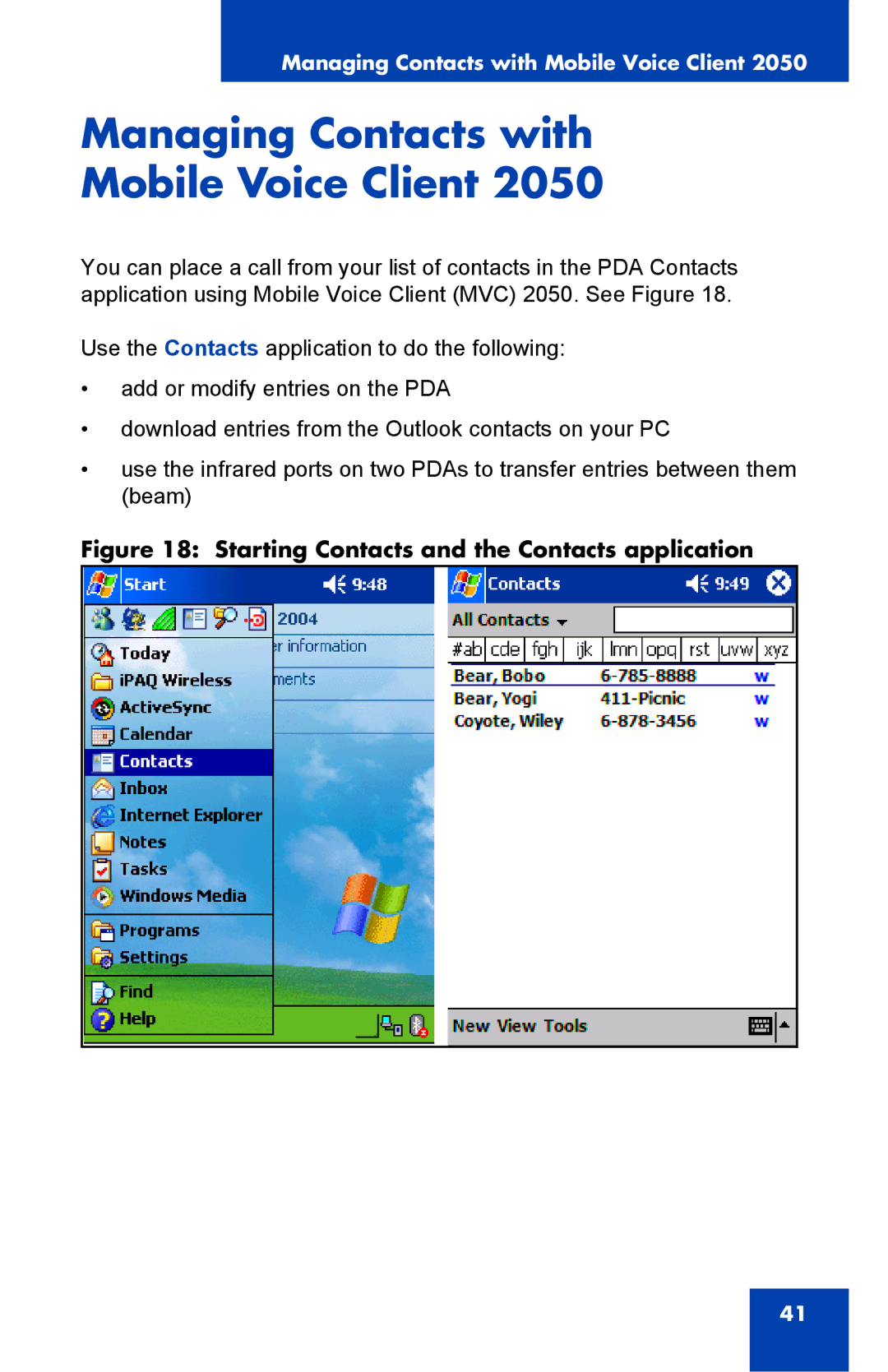 Nortel Networks 2050 manual Managing Contacts with Mobile Voice Client, Starting Contacts and the Contacts application 