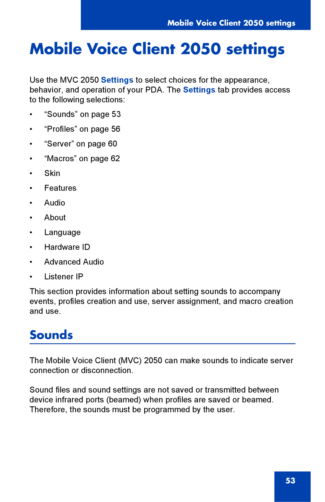 Nortel Networks manual Mobile Voice Client 2050 settings, Sounds 