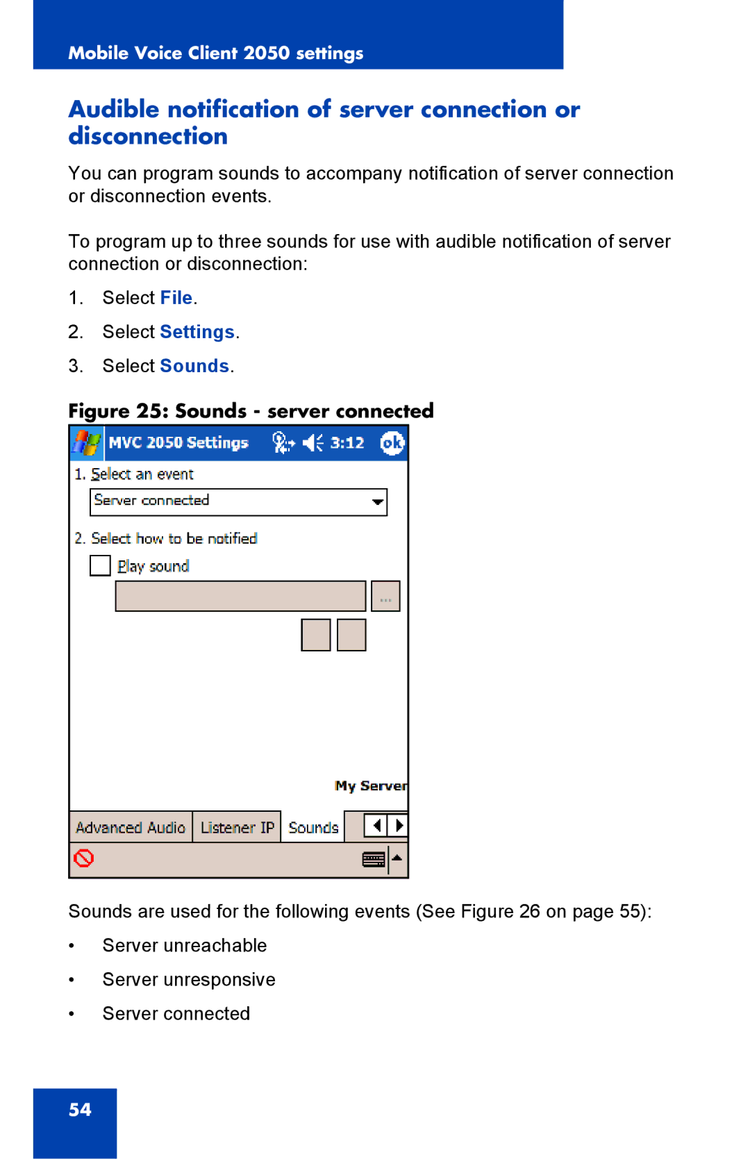 Nortel Networks 2050 manual Audible notification of server connection or disconnection, Sounds server connected 