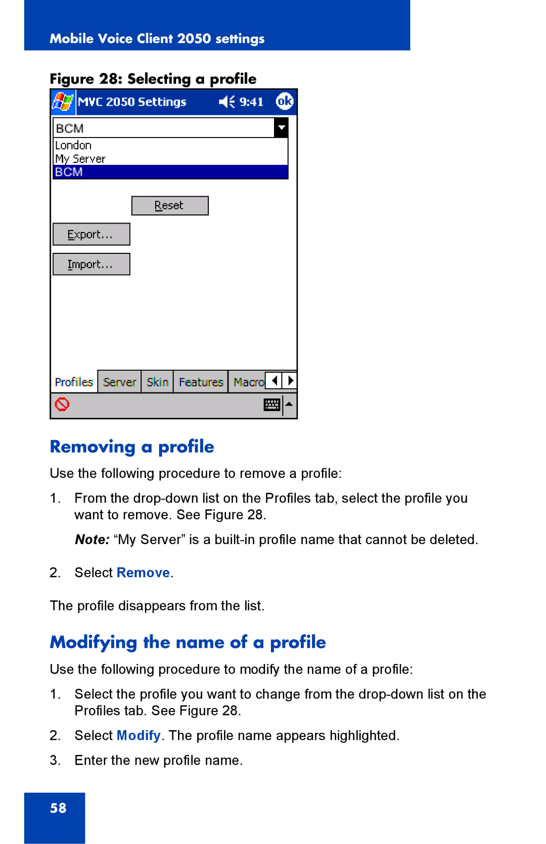 Nortel Networks 2050 manual Removing a profile, Modifying the name of a profile 