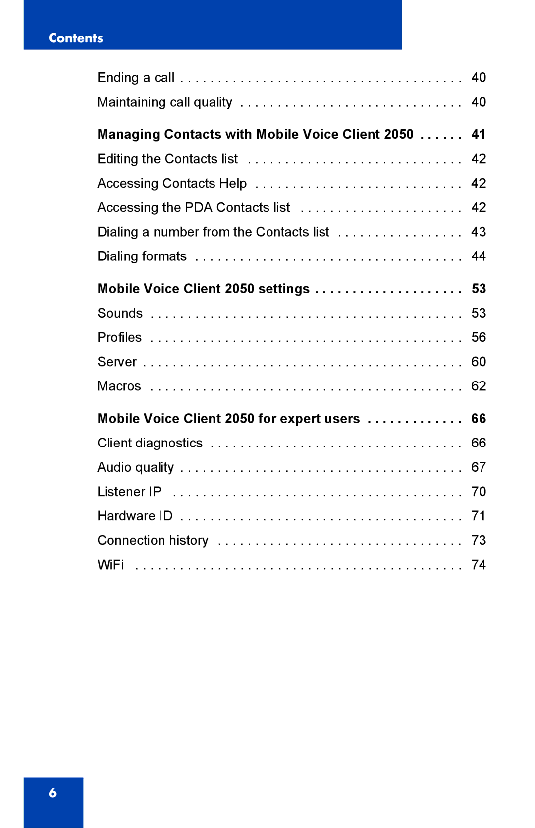 Nortel Networks manual Managing Contacts with Mobile Voice Client 2050, Mobile Voice Client 2050 settings 