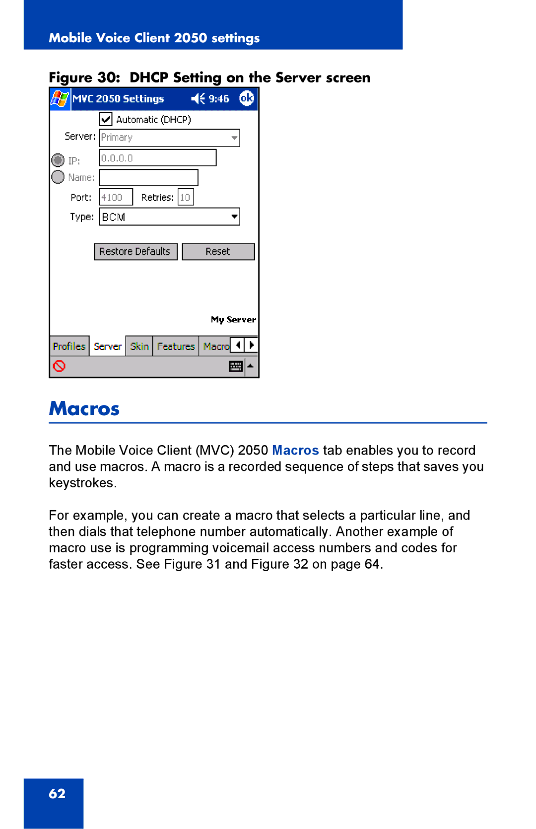 Nortel Networks 2050 manual Macros, Dhcp Setting on the Server screen 