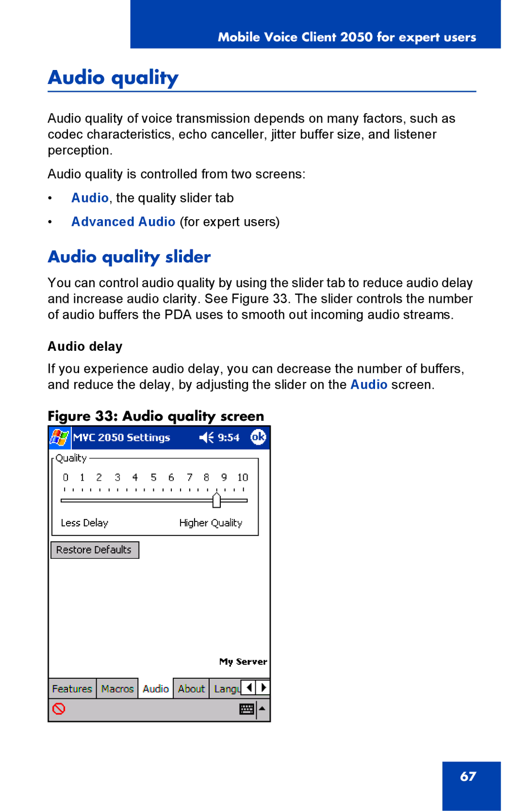 Nortel Networks 2050 manual Audio quality slider, Audio delay 