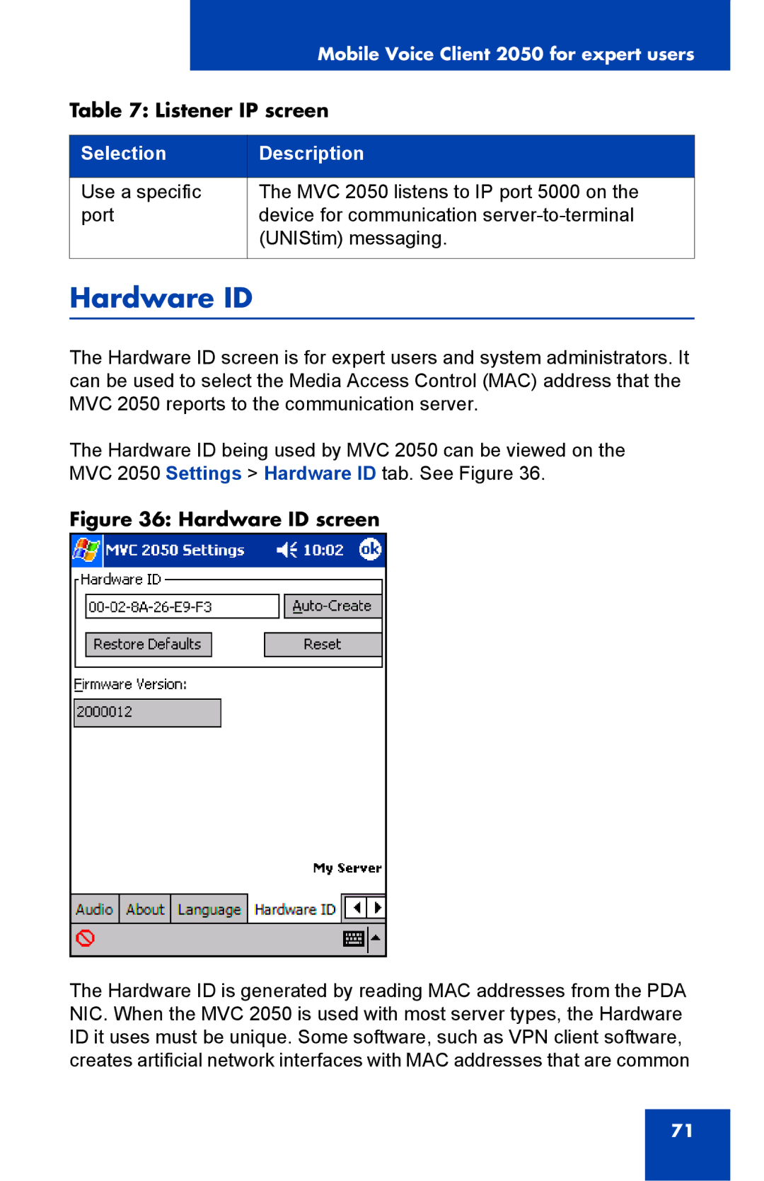 Nortel Networks 2050 manual Hardware ID screen 