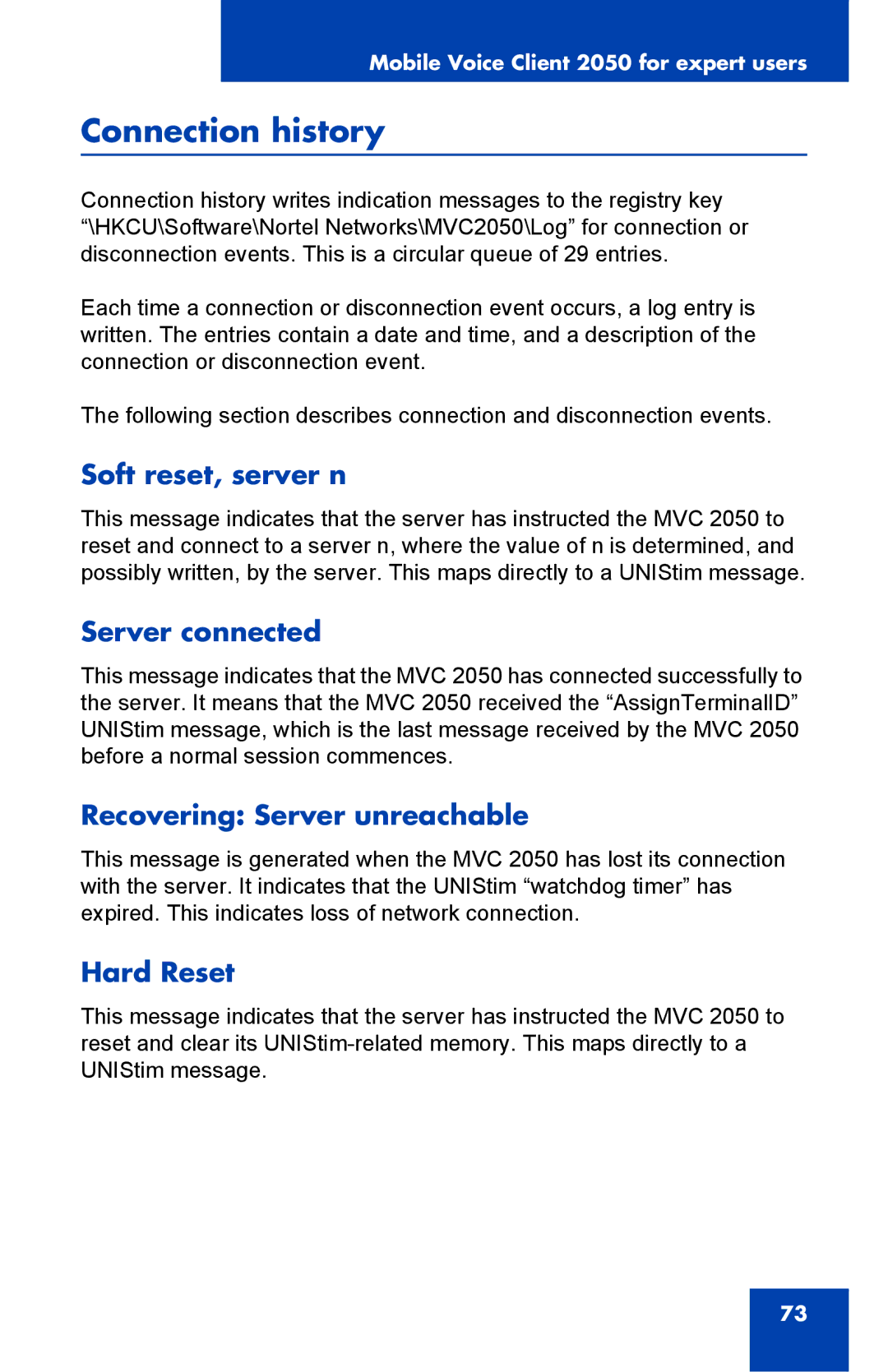 Nortel Networks 2050 Connection history, Soft reset, server n, Server connected, Recovering Server unreachable, Hard Reset 