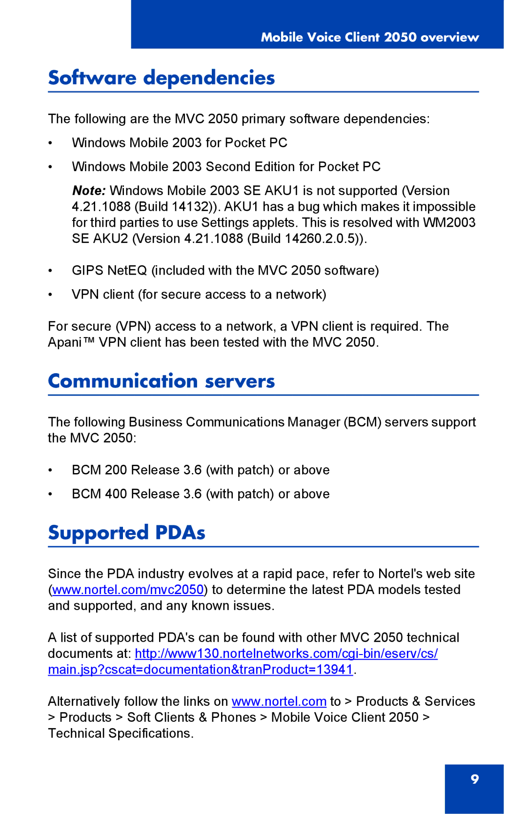 Nortel Networks 2050 manual Software dependencies, Communication servers, Supported PDAs 