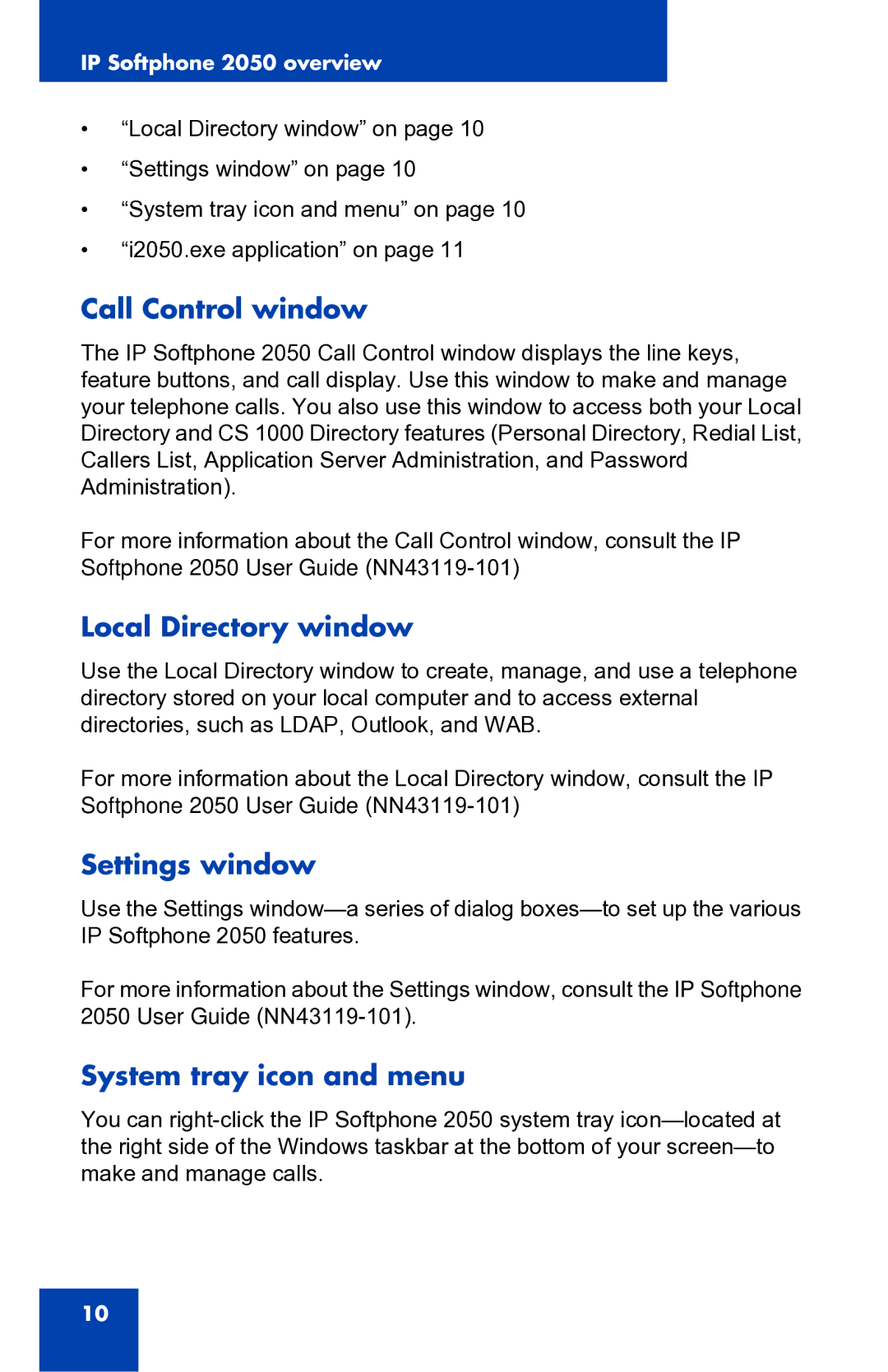 Nortel Networks 2050 manual Call Control window, Local Directory window, Settings window, System tray icon and menu 