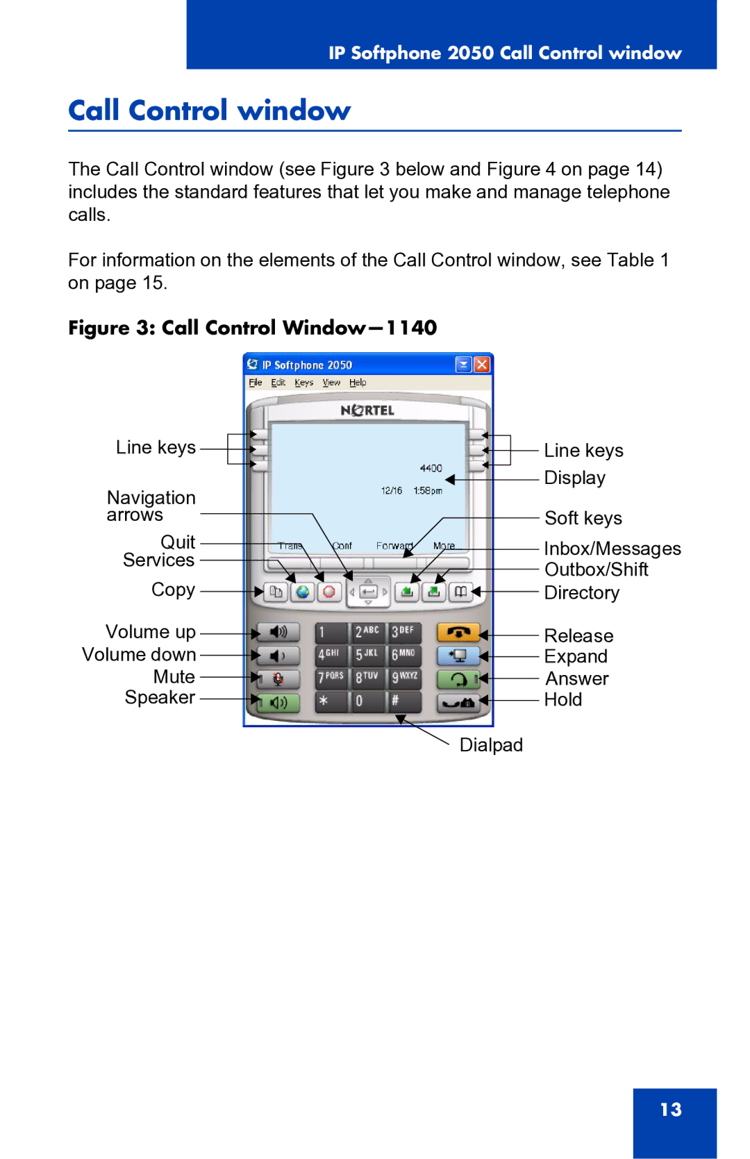 Nortel Networks 2050 manual Call Control window, Call Control Window-1140 