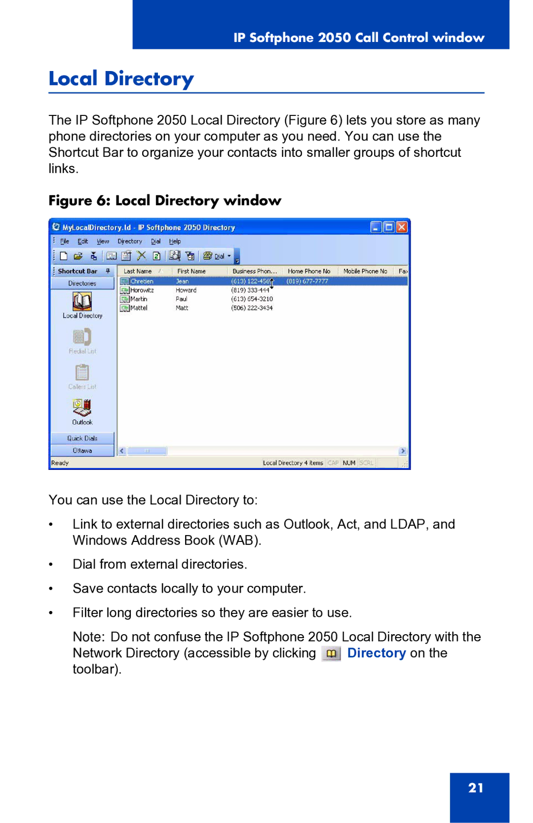 Nortel Networks 2050 manual Local Directory window 