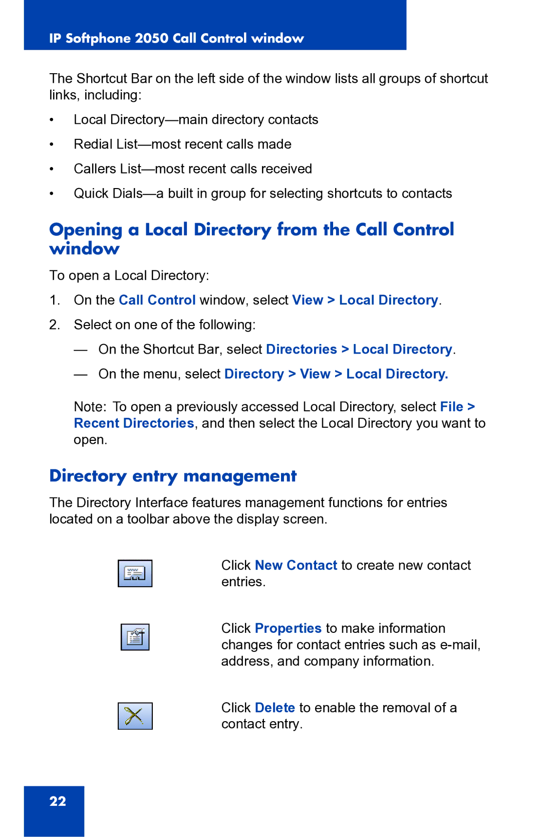 Nortel Networks 2050 manual Opening a Local Directory from the Call Control window, Directory entry management 