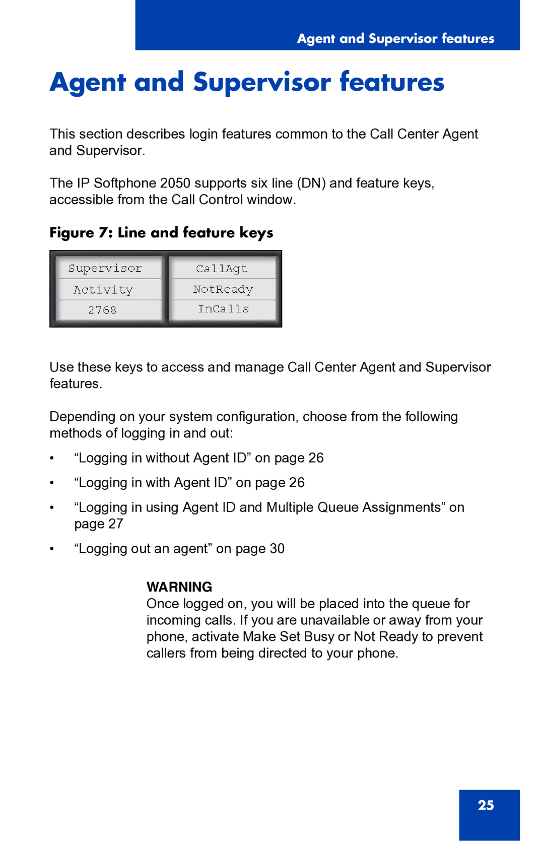 Nortel Networks 2050 manual Agent and Supervisor features, Line and feature keys 