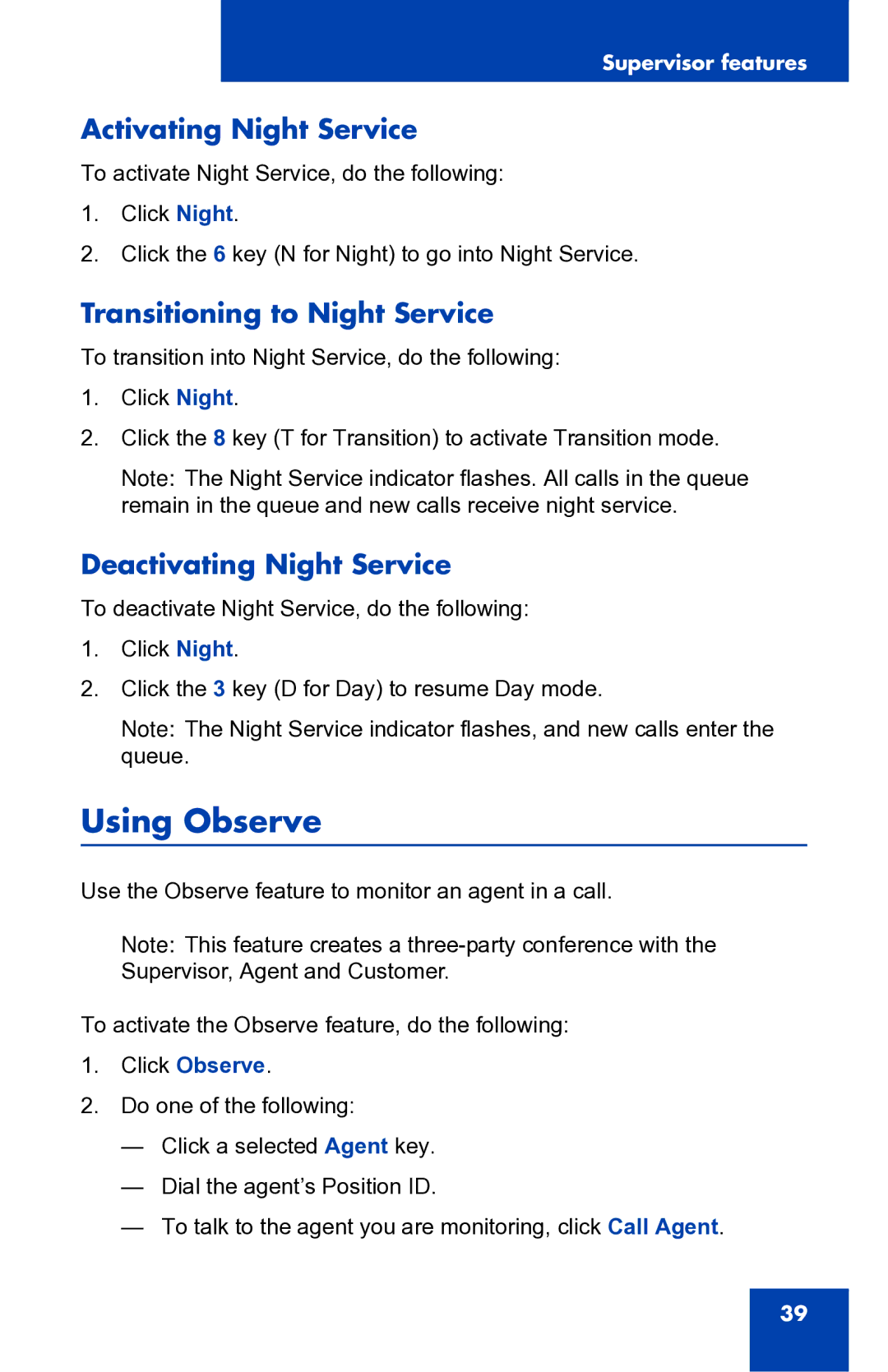 Nortel Networks 2050 Using Observe, Activating Night Service, Transitioning to Night Service, Deactivating Night Service 