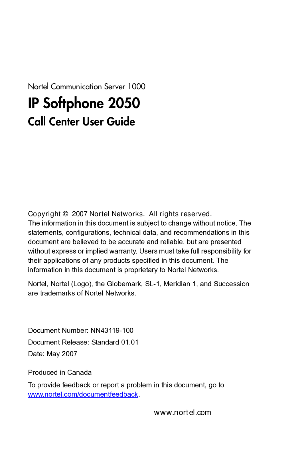 Nortel Networks 2050 manual Copyright 2007 Nortel Networks. All rights reserved 