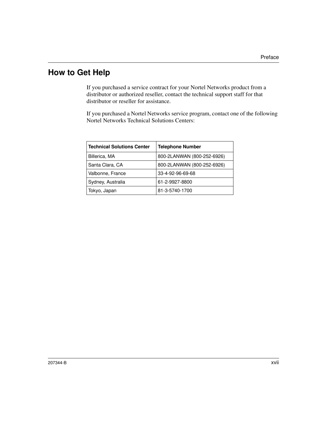 Nortel Networks 207344-B manual How to Get Help, Technical Solutions Center Telephone Number 