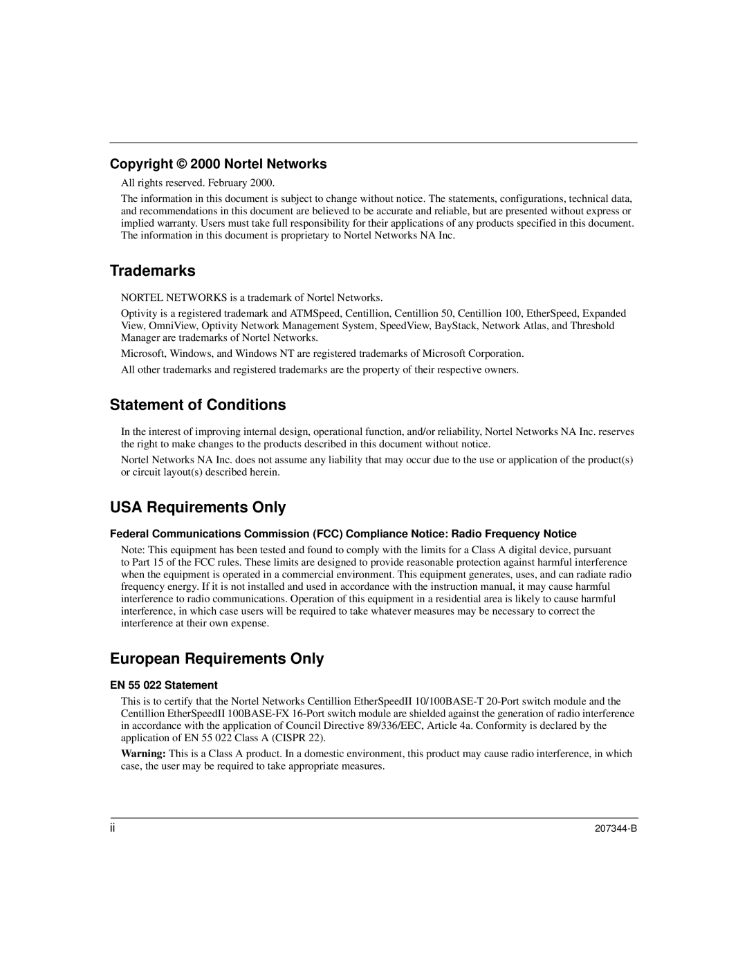 Nortel Networks 207344-B manual Trademarks, Statement of Conditions, USA Requirements Only, European Requirements Only 