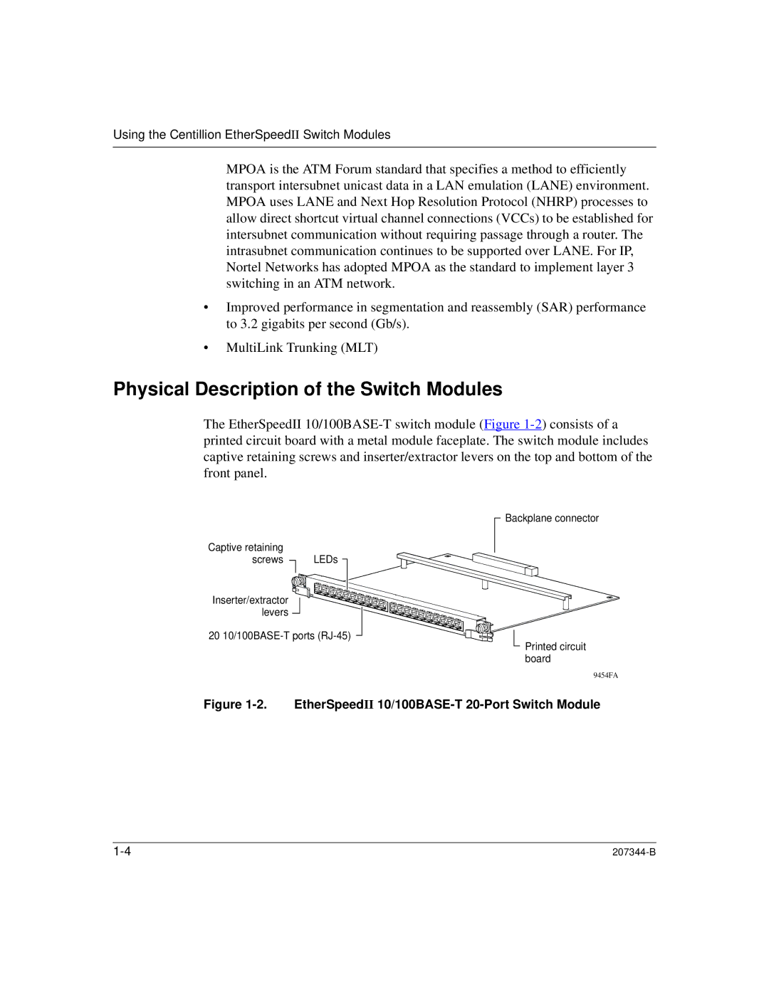 Nortel Networks 207344-B manual Physical Description of the Switch Modules, EtherSpeedII 10/100BASE-T 20-Port Switch Module 