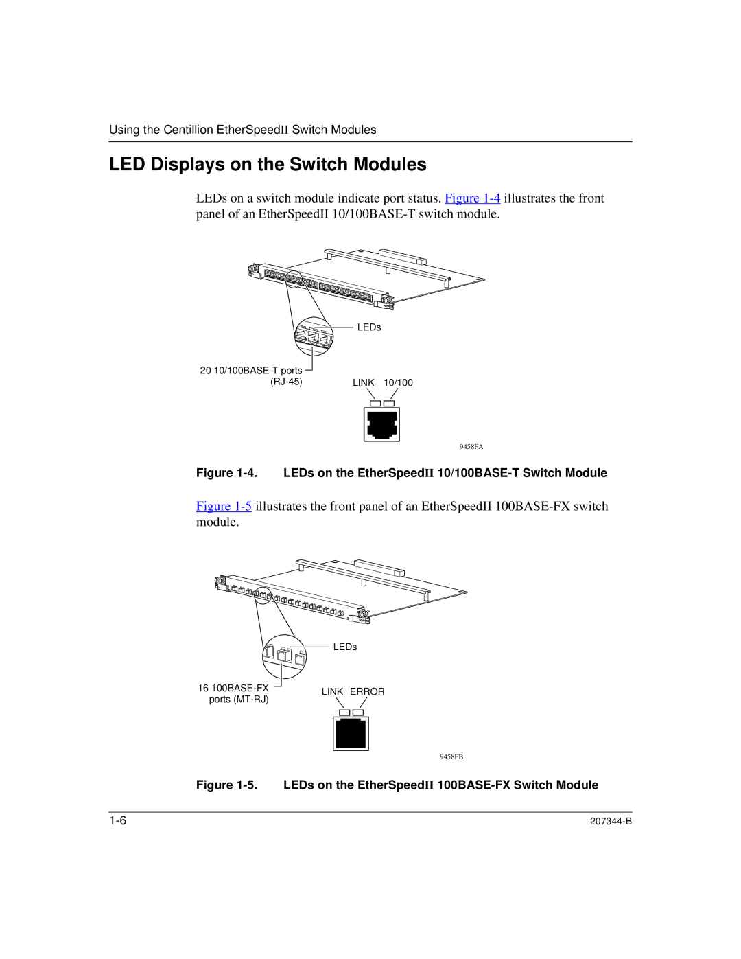 Nortel Networks 207344-B manual LED Displays on the Switch Modules, LEDs on the EtherSpeedII 10/100BASE-T Switch Module 