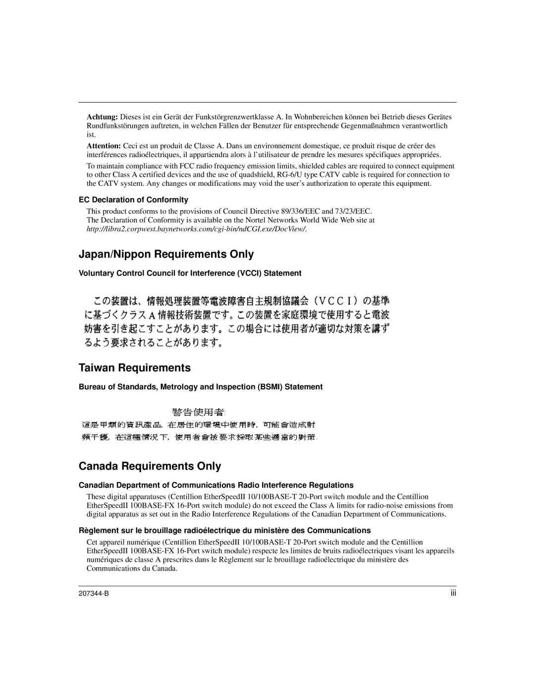 Nortel Networks 207344-B manual Japan/Nippon Requirements Only, Taiwan Requirements, Canada Requirements Only 