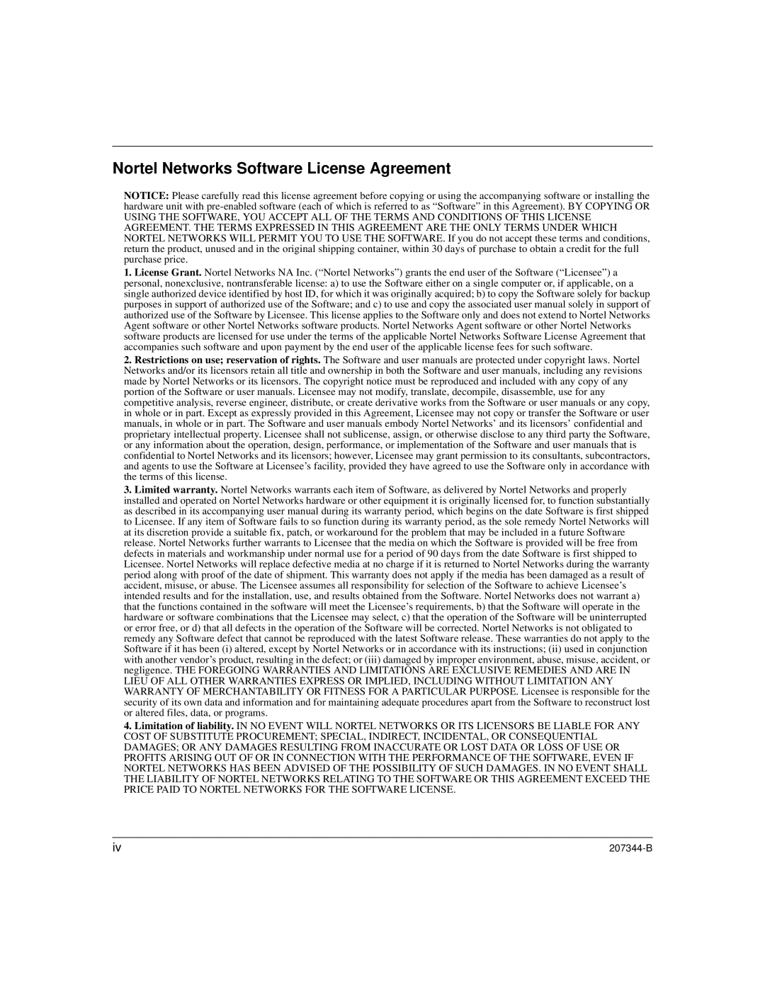 Nortel Networks 207344-B manual Nortel Networks Software License Agreement 