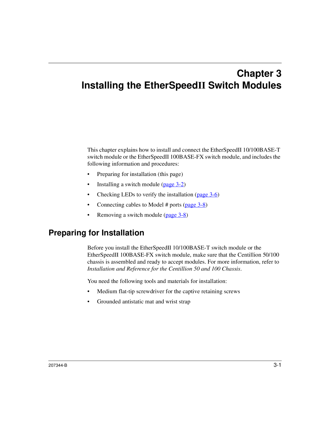 Nortel Networks 207344-B manual Installing the EtherSpeedII Switch Modules, Preparing for Installation 