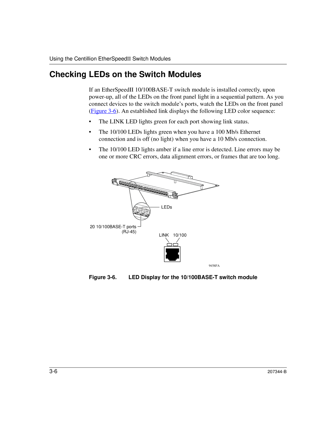 Nortel Networks 207344-B manual Checking LEDs on the Switch Modules, LED Display for the 10/100BASE-T switch module 