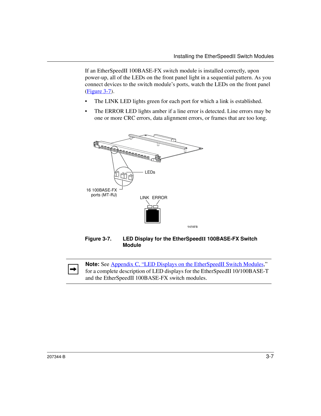 Nortel Networks 207344-B manual LED Display for the EtherSpeedII 100BASE-FX Switch Module 