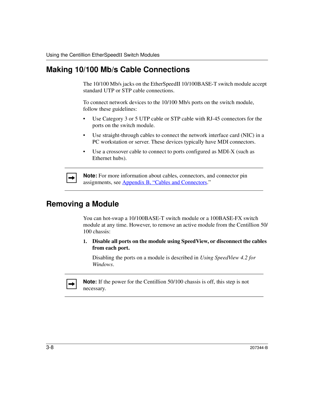 Nortel Networks 207344-B manual Making 10/100 Mb/s Cable Connections, Removing a Module 