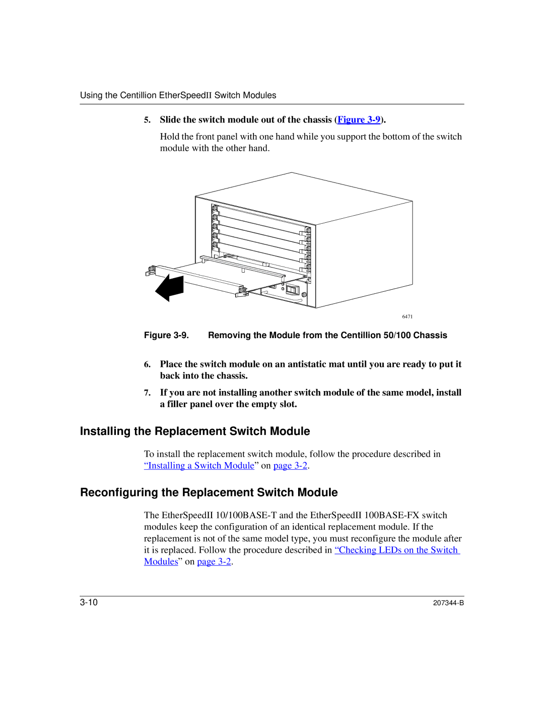 Nortel Networks 207344-B manual Installing the Replacement Switch Module, Reconfiguring the Replacement Switch Module 