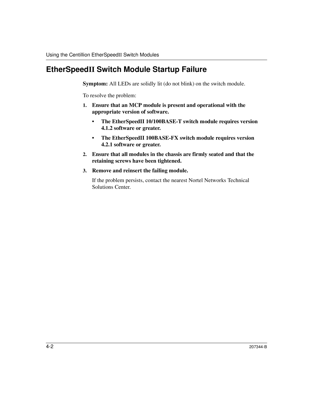 Nortel Networks 207344-B manual EtherSpeedII Switch Module Startup Failure 