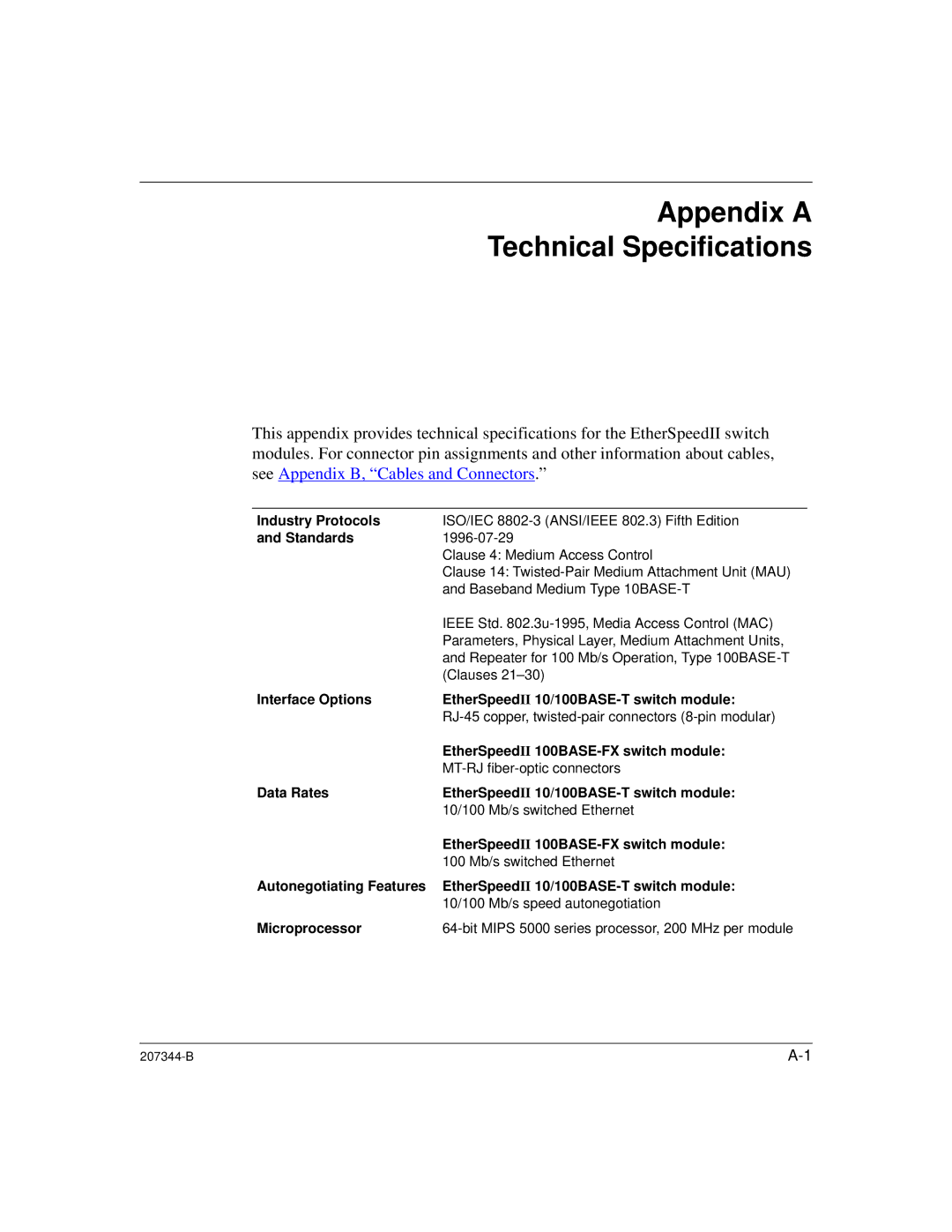 Nortel Networks 207344-B manual Appendix a Technical Specifications, Standards 