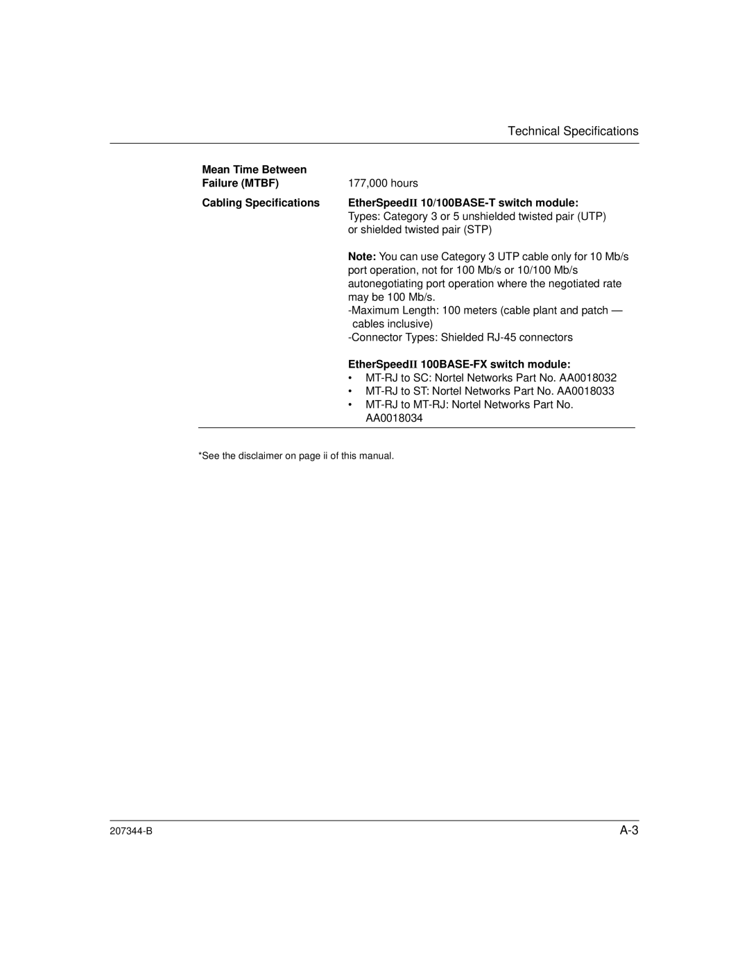 Nortel Networks 207344-B manual Technical Specifications 