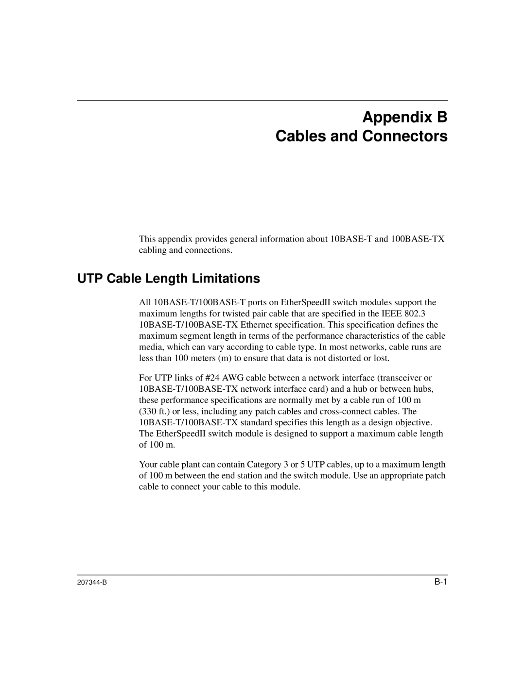 Nortel Networks 207344-B manual Appendix B Cables and Connectors, UTP Cable Length Limitations 