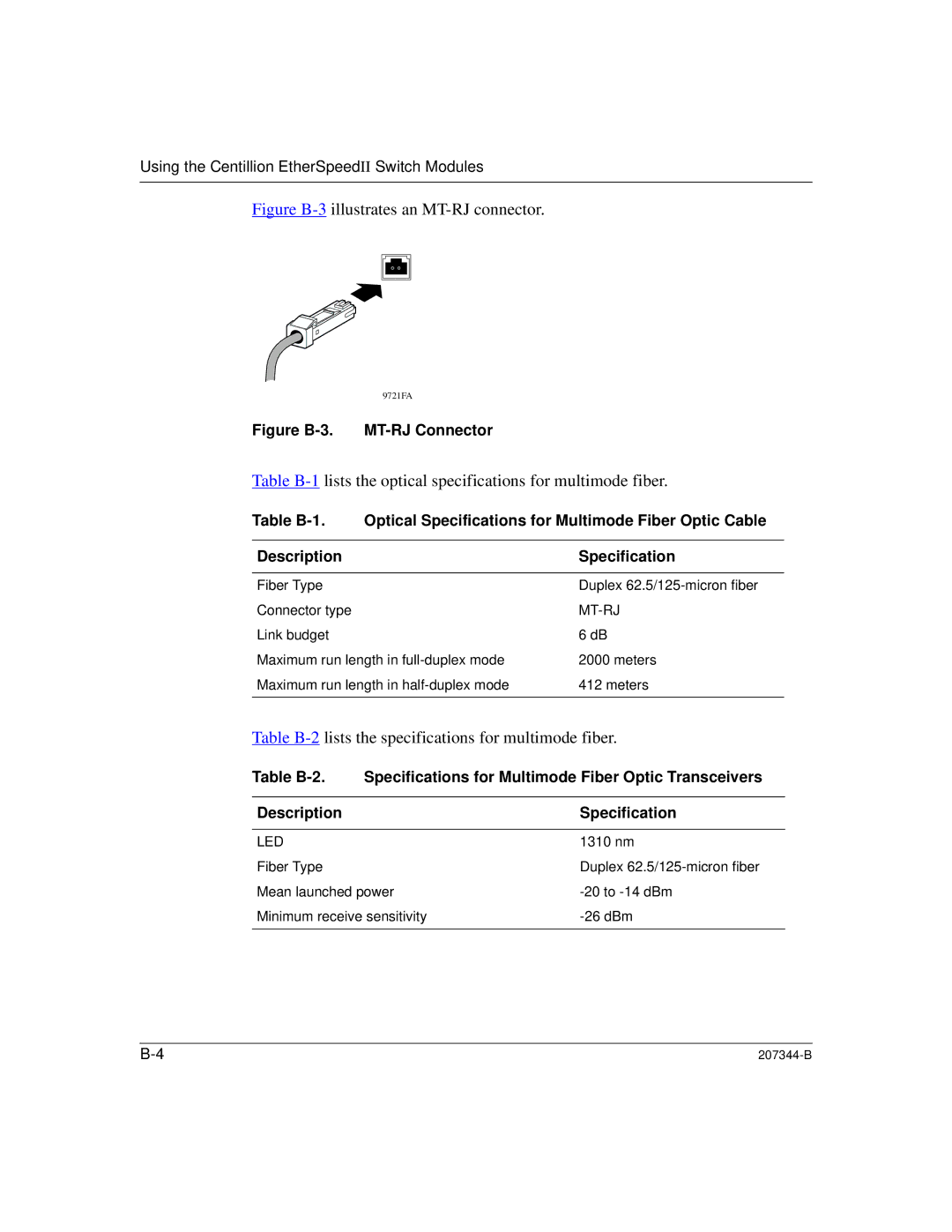 Nortel Networks 207344-B manual Figure B-3 illustrates an MT-RJ connector 