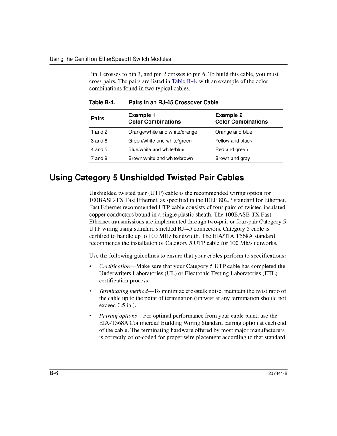 Nortel Networks 207344-B manual Using Category 5 Unshielded Twisted Pair Cables 