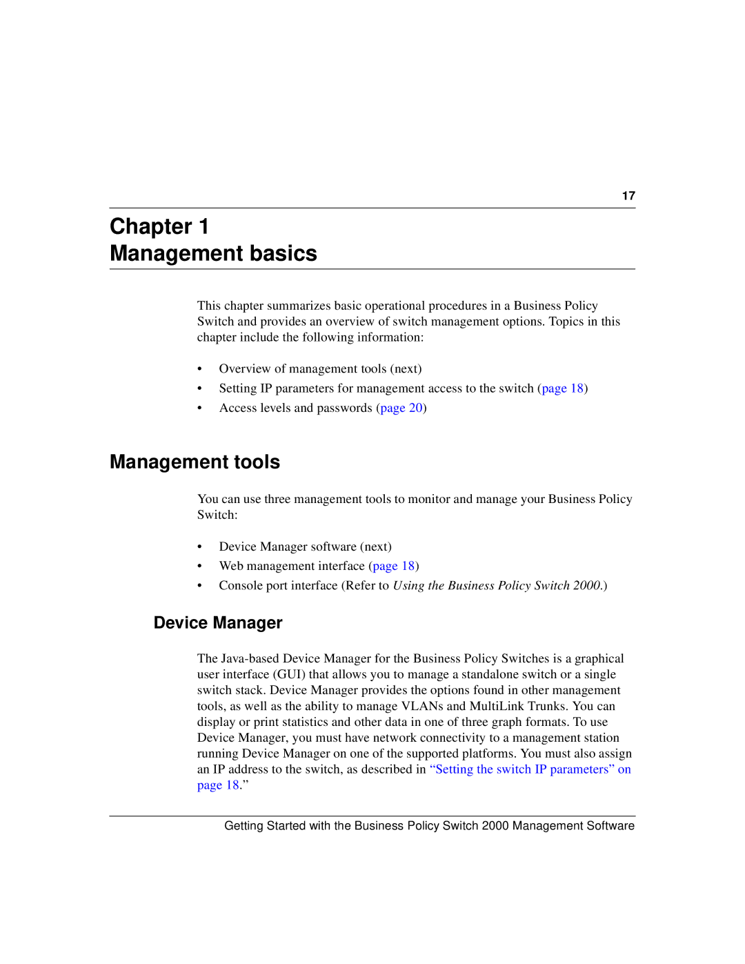 Nortel Networks 209321-A manual Chapter Management basics, Management tools, Device Manager 