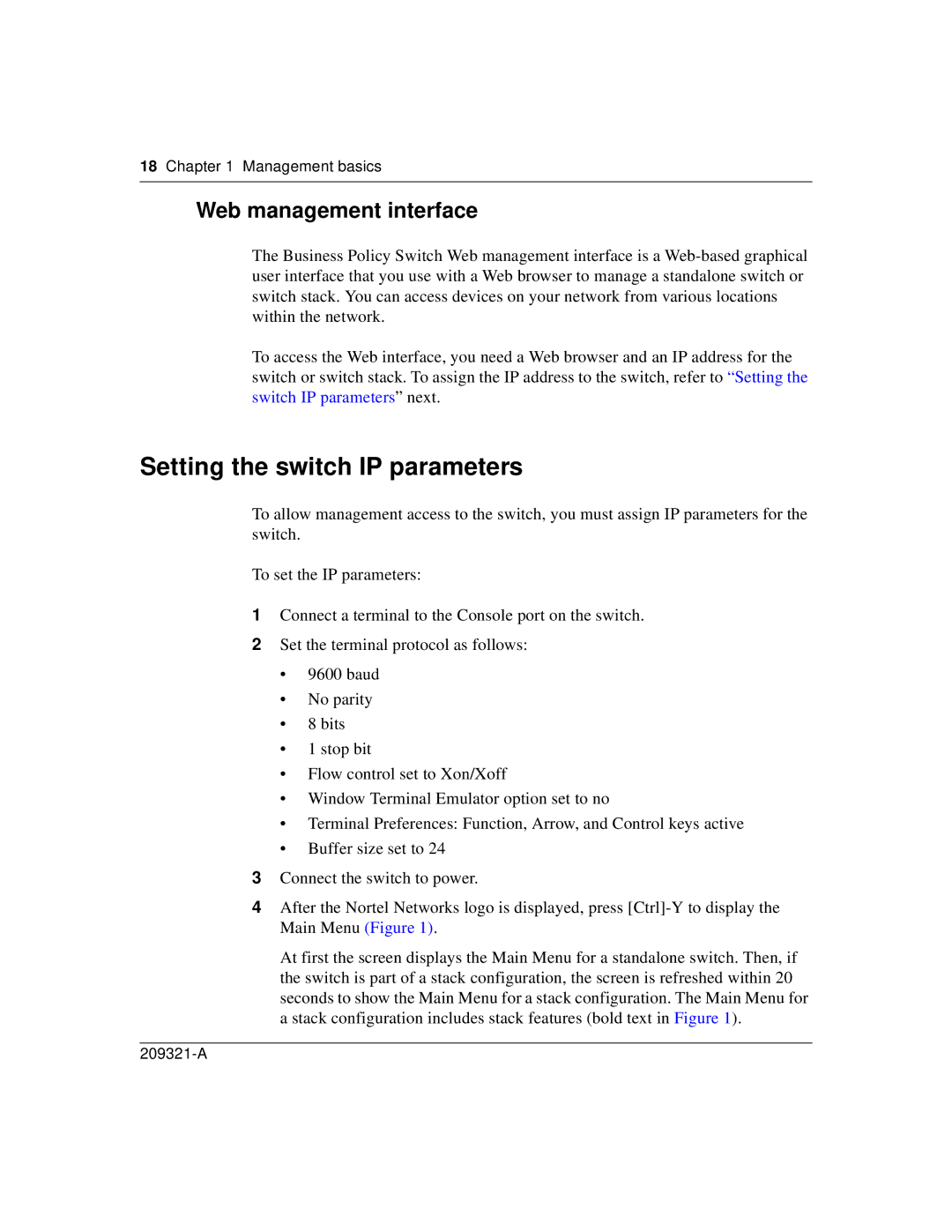 Nortel Networks 209321-A manual Setting the switch IP parameters, Web management interface, Management basics 