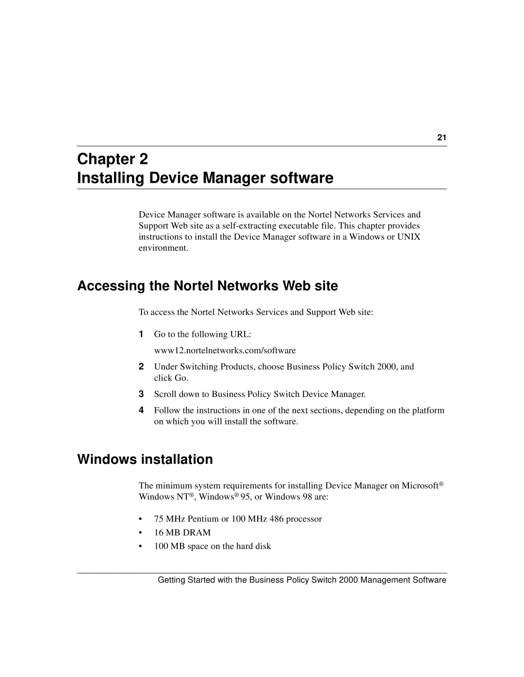 Nortel Networks 209321-A manual Chapter Installing Device Manager software, Accessing the Nortel Networks Web site 