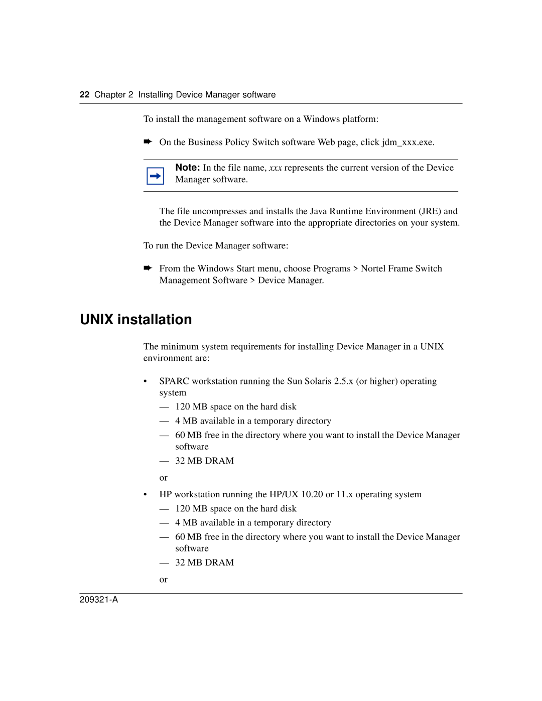 Nortel Networks 209321-A manual Unix installation, Installing Device Manager software 