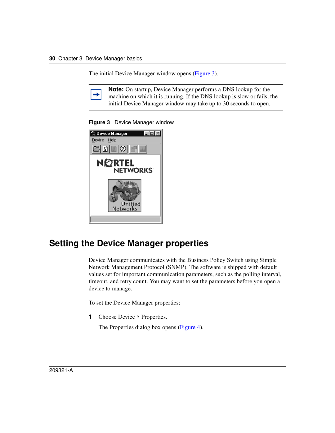 Nortel Networks 209321-A manual Setting the Device Manager properties, Device Manager basics 