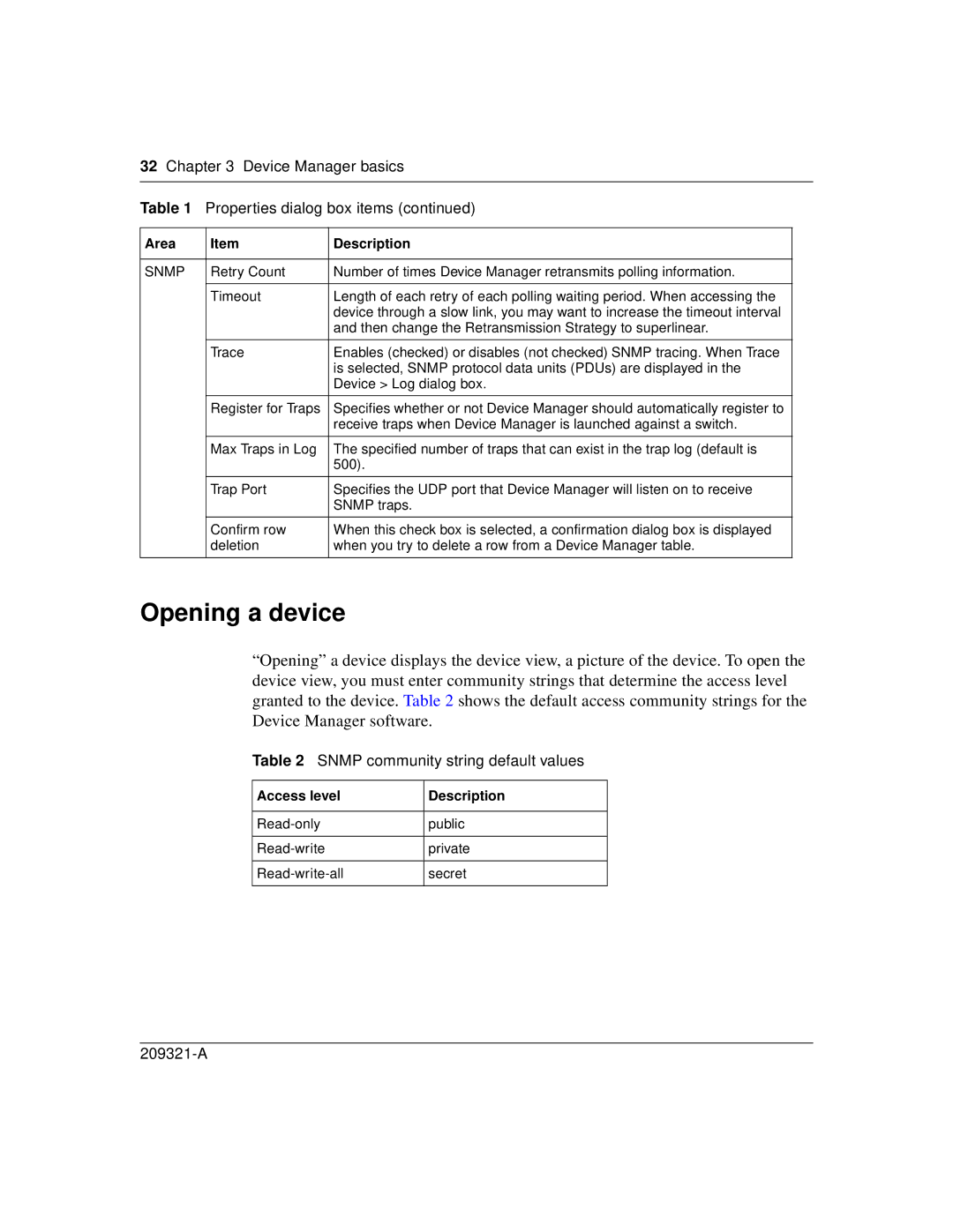 Nortel Networks 209321-A Opening a device, Device Manager basics Properties dialog box items, Access level Description 