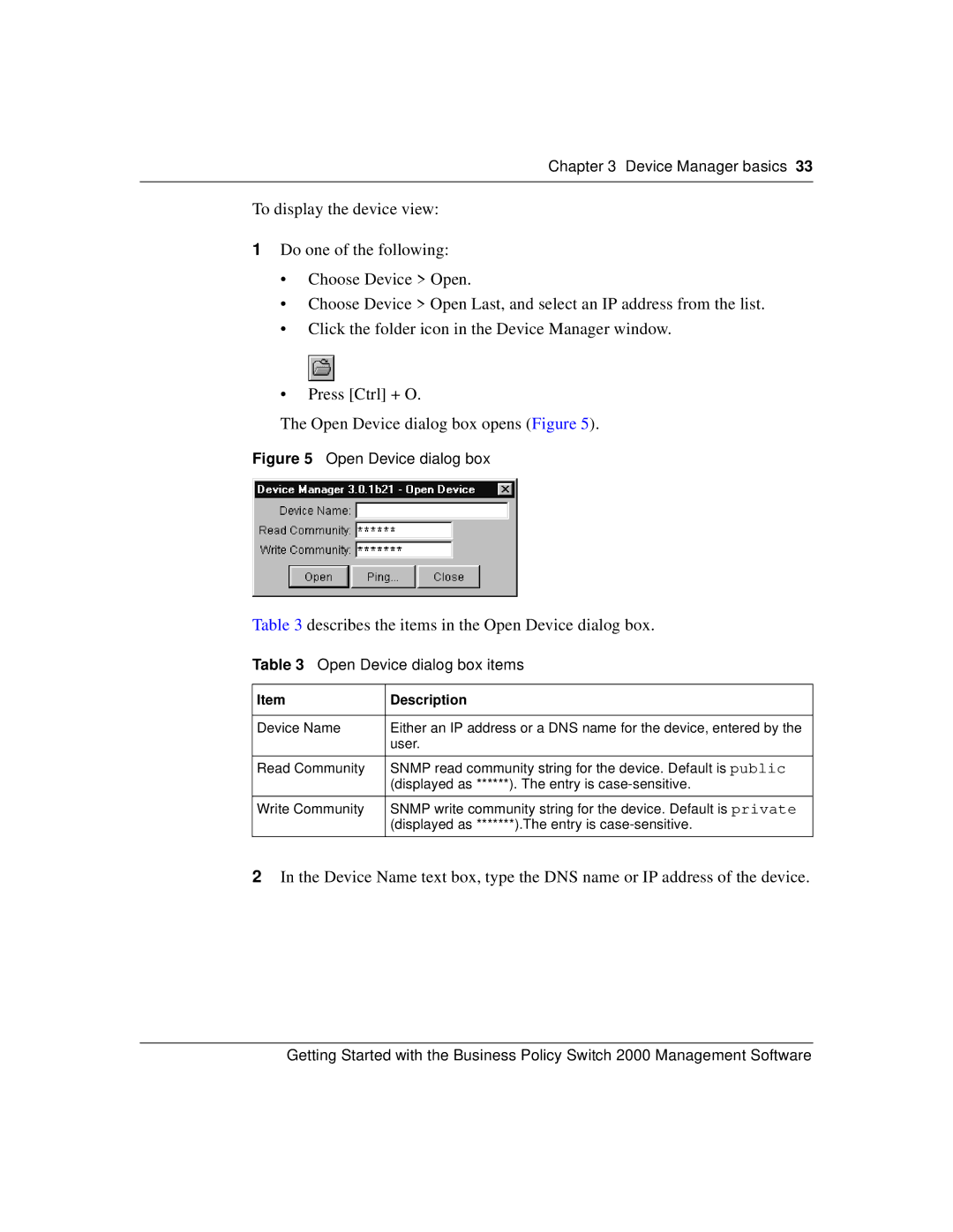 Nortel Networks 209321-A manual Open Device dialog box items 